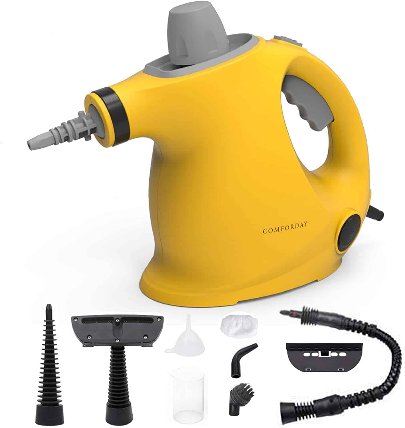 Comforday Multi-purpose handheld pressurized steam cleaner with attachments on a white background