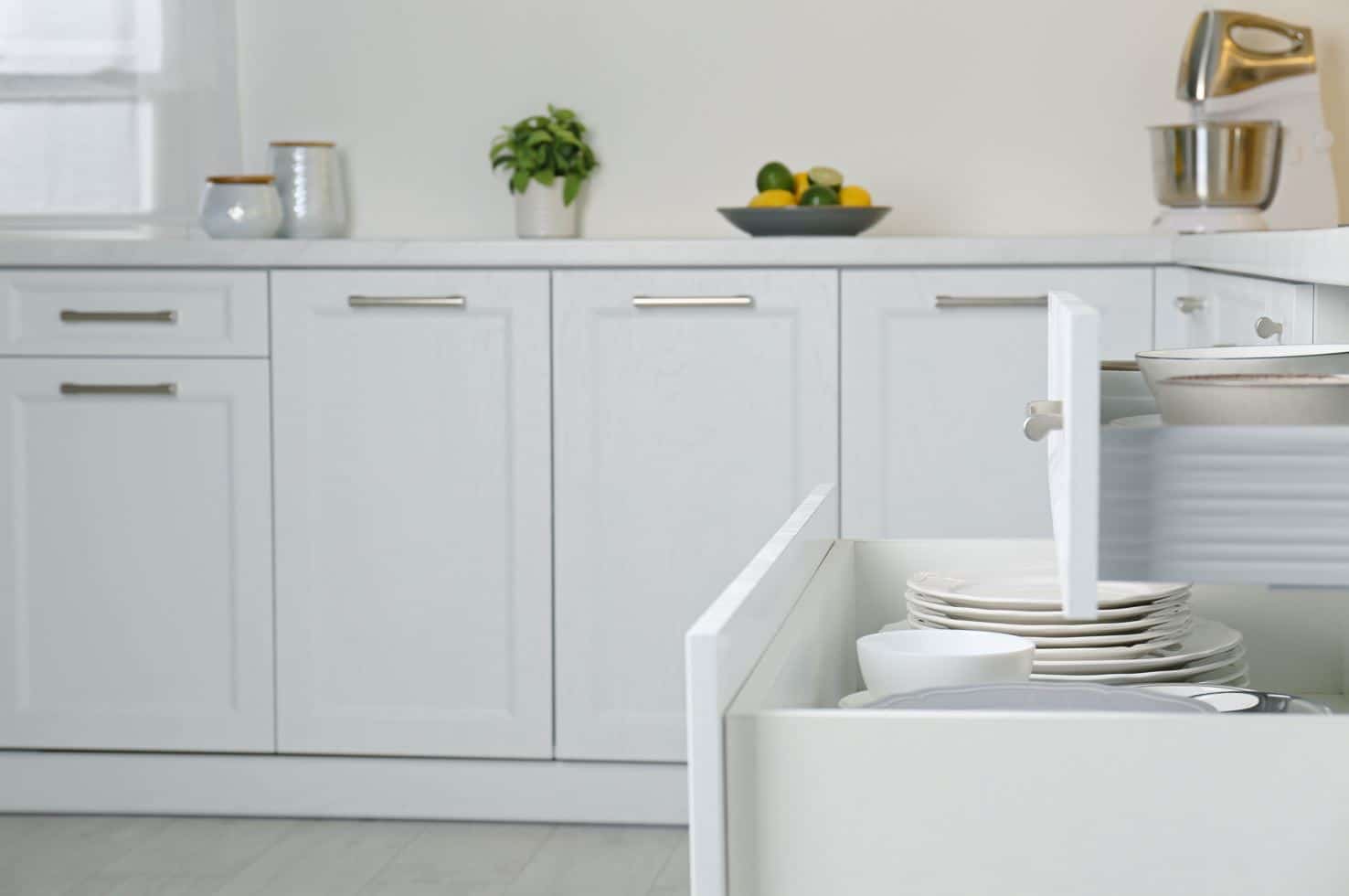 open kitchen cabinentry in a white inspired modern kitchen