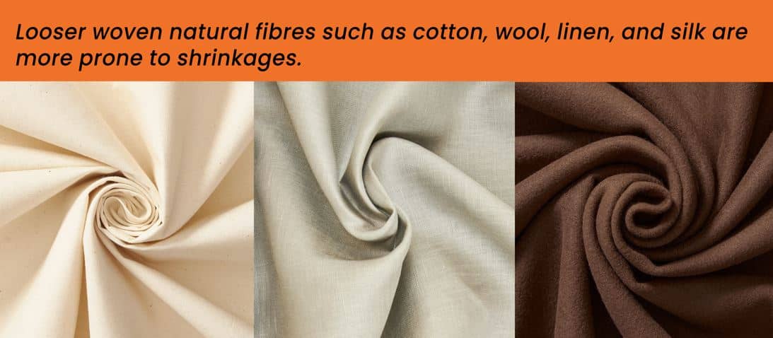 different coloured polyester fabrics under the text 'looser woven natural fibres such as cotton, wool, linen, and silk are more prone to shrinkages.'