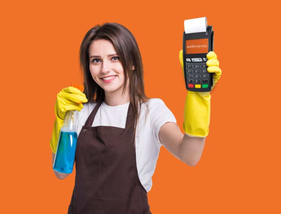 woman holding blue bottle of detergent and a card scanner with MaidForYou's logo in the middle