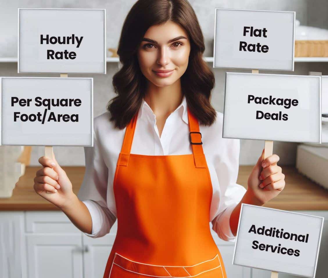 woman holding up signs that depict the different types of cleaning service pricing models