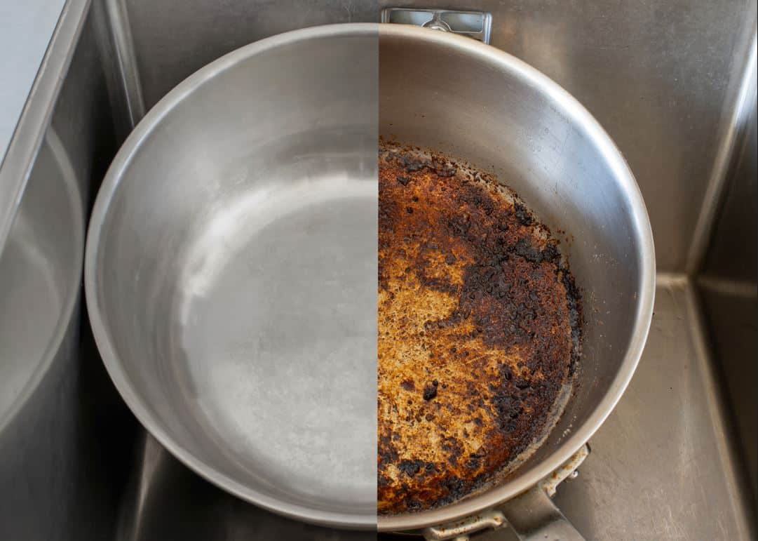 before and after contrast of a dirty burnt aluminium pot that had just been cleaned