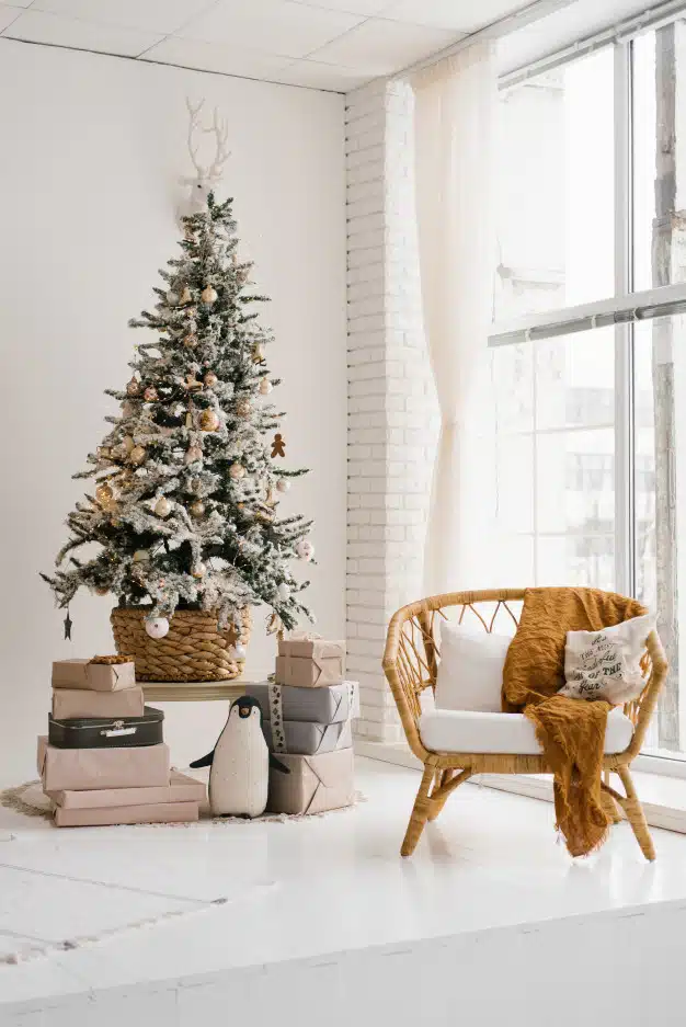 Christmas tree living room bright colors char from rotunda near floor ceiling window