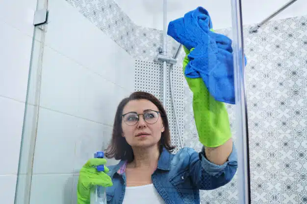 Cleaning bathroom washing shower glass