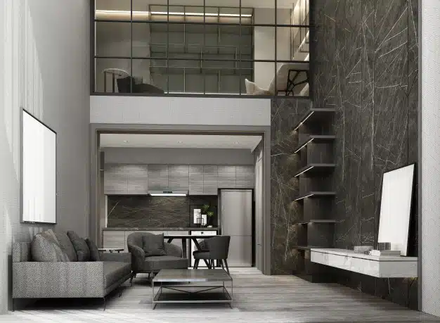 double-space-living-dining-area-with-wooden-floor-marble-pattern-wall-decorate-mezzanine-working-area-interior