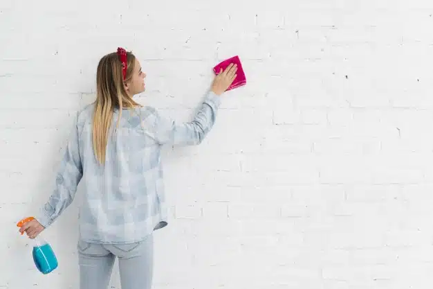 Woman cleaning wall