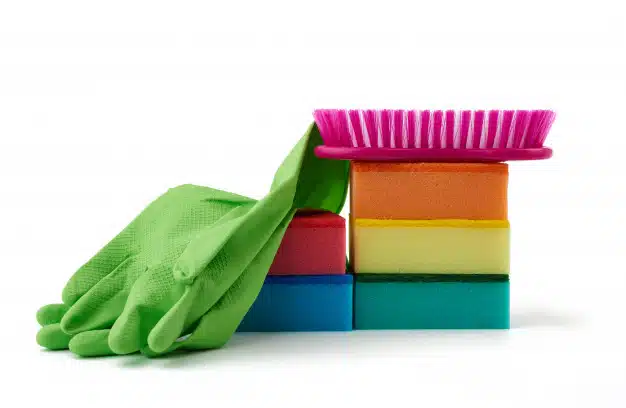 items-home-cleaning-green-rubber-gloves-brush-multi-colored-sponges-dusting