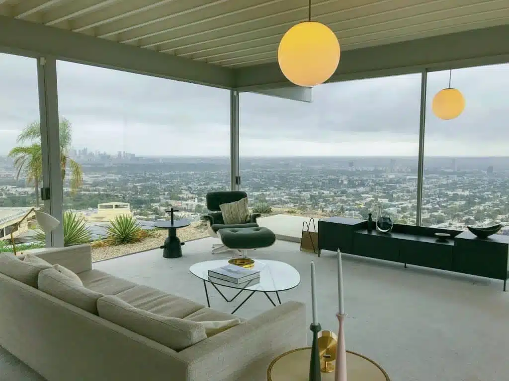 An elevated living room with a green tinge