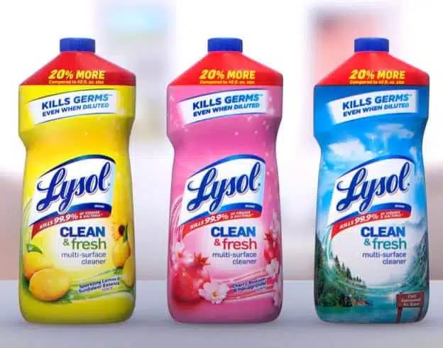 A picture of 3 lysol multi-surface cleaner bottles