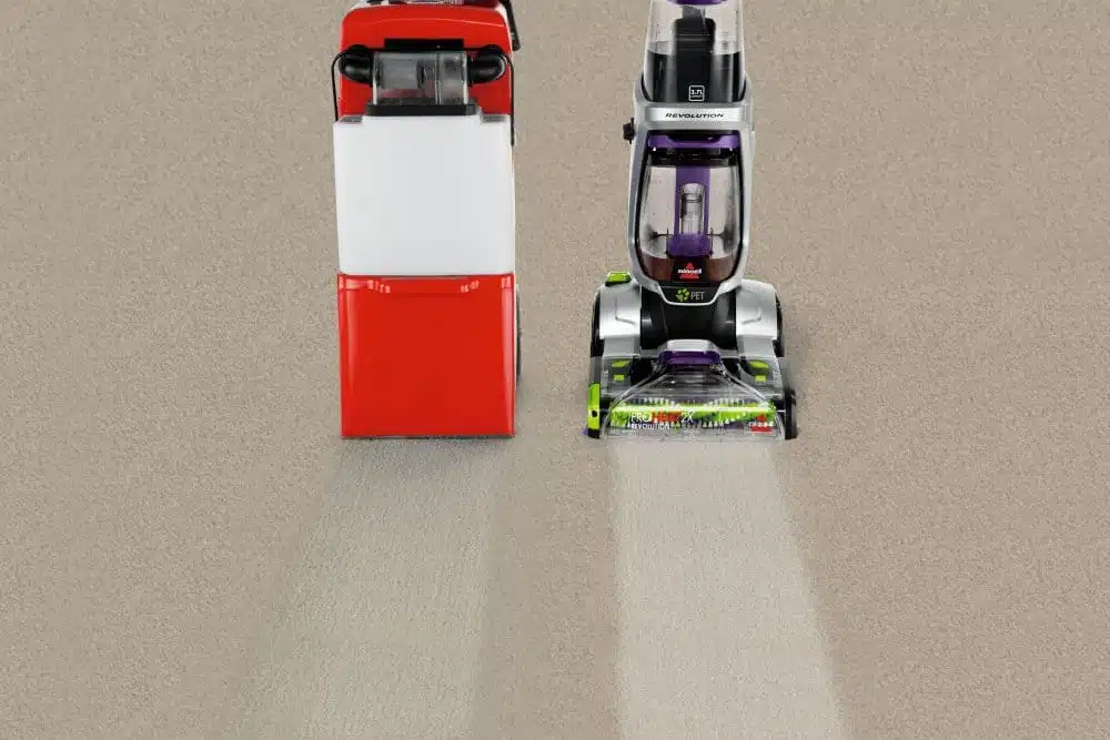 ProHeat 2X Revolution Pet machine next to rug doctor doing a carpet cleaning comparison