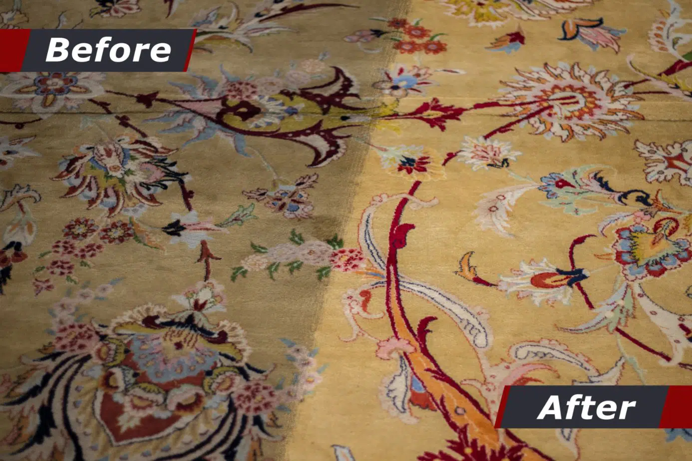 before and after comparison of a rug after having been steam cleaned
