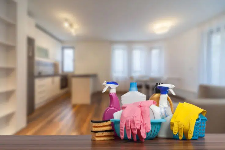 cleaning chemicals, gloves, sponges and caddy propped on a wooden benchtop
