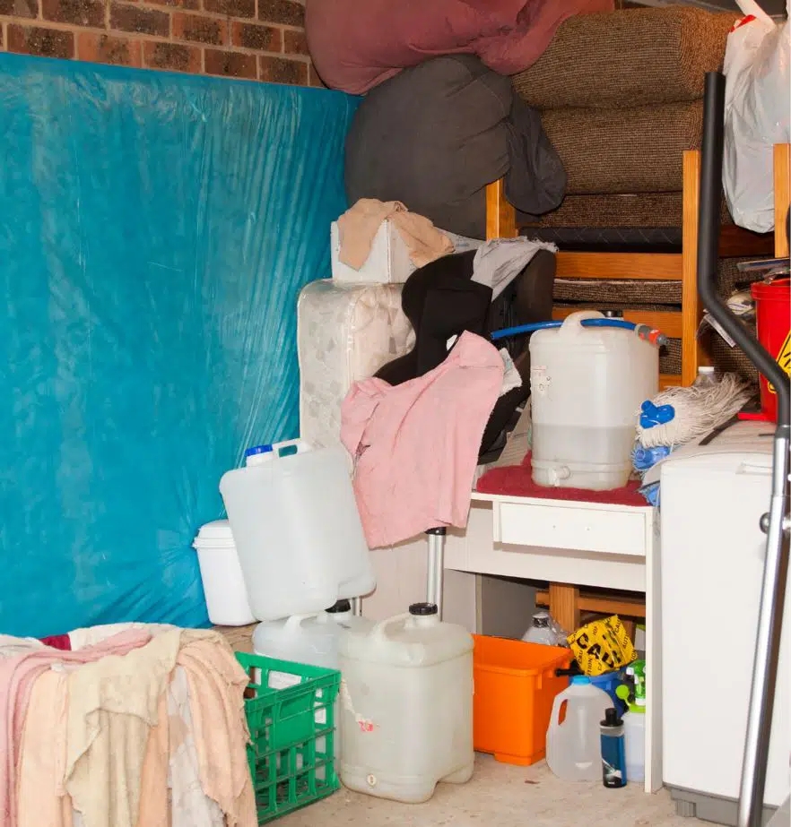 cluttered garage with miscellaneous items and a mattress leaning against the garage wall