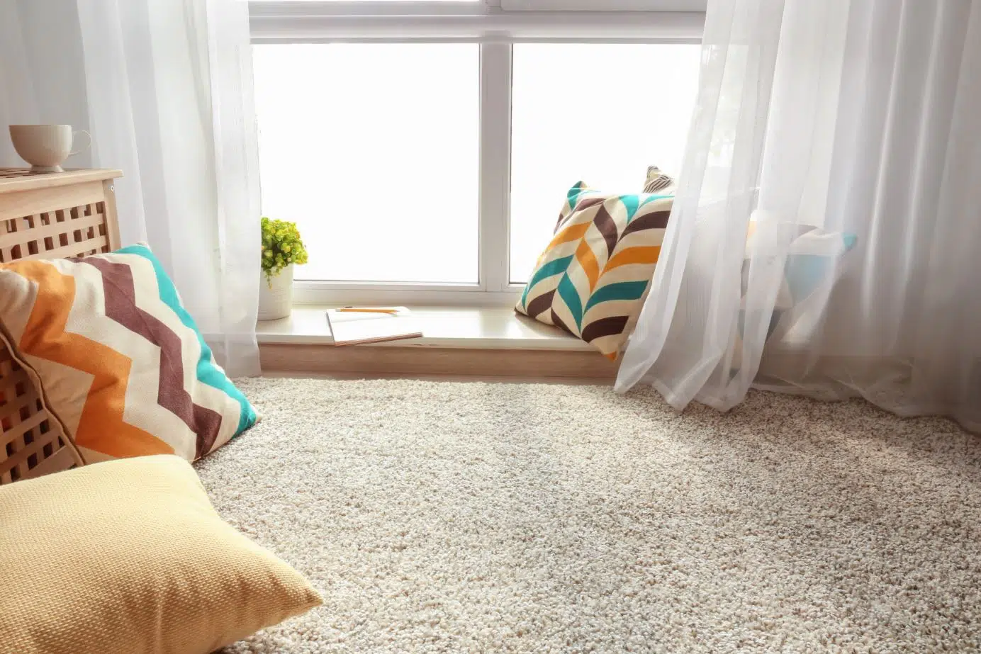 cozy sunlight filled room with brown carpet and cushions next to a window sill