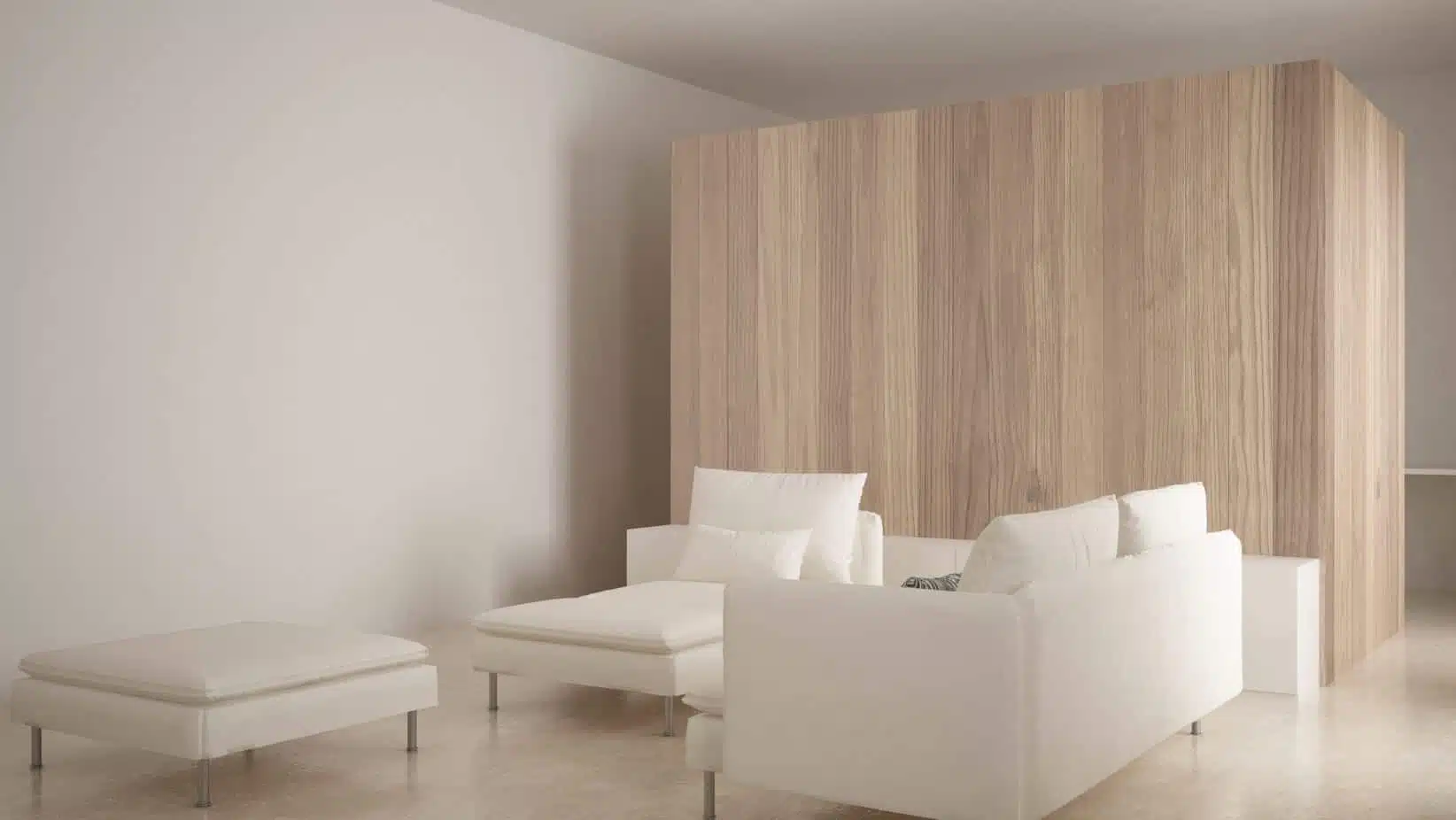 modern white inspired living room with two large couches and a futon on a travertine floor