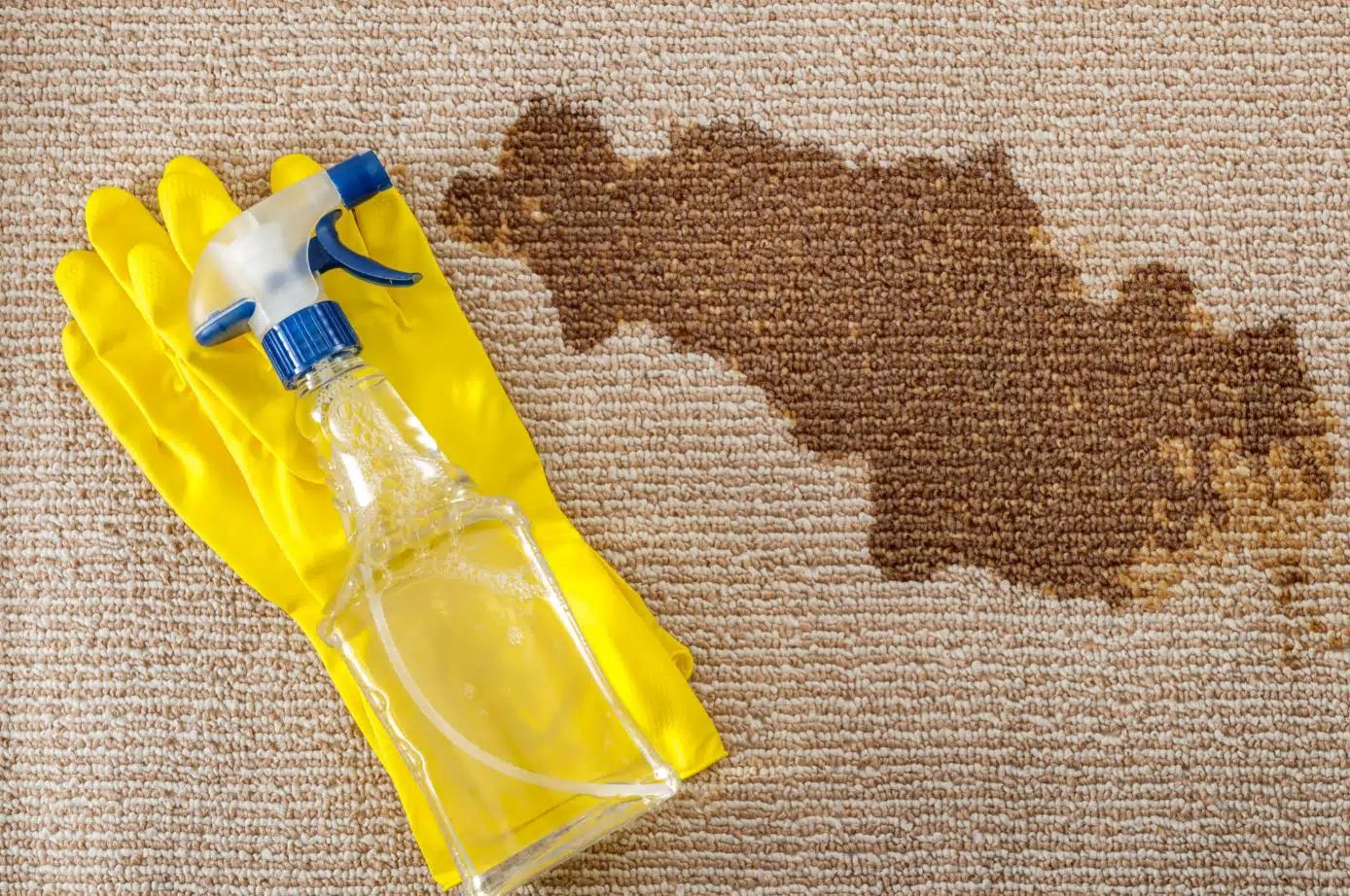 rubber gloves and see-through cleaning bottle on beige carpet next to brown carpet stain