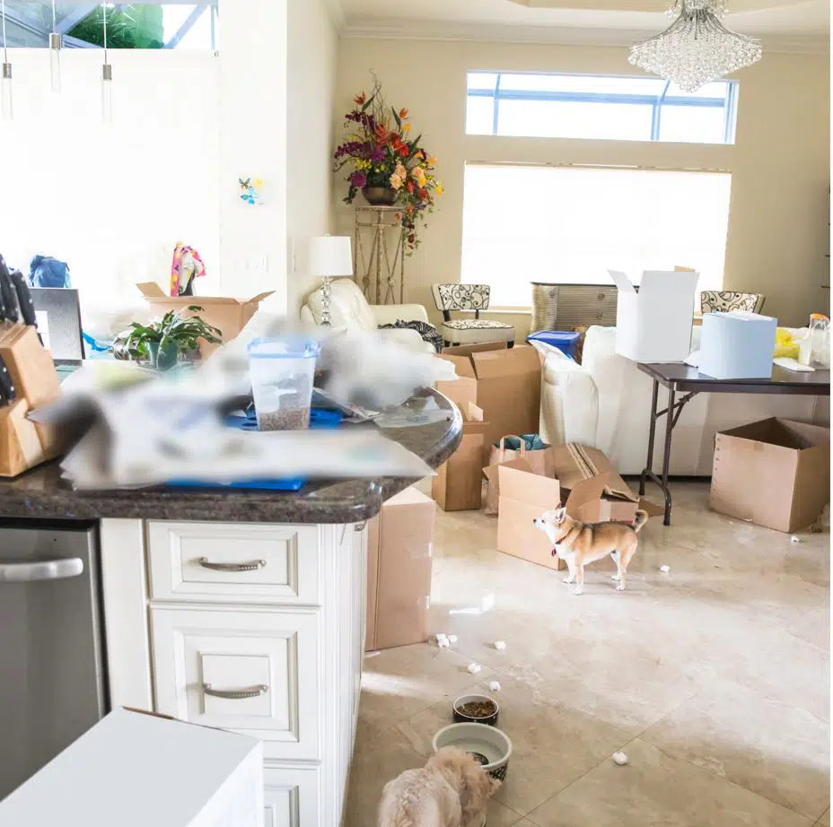 two small dogs eating from a bowl in a cluttered kitchen and dining room filled with moving boxes