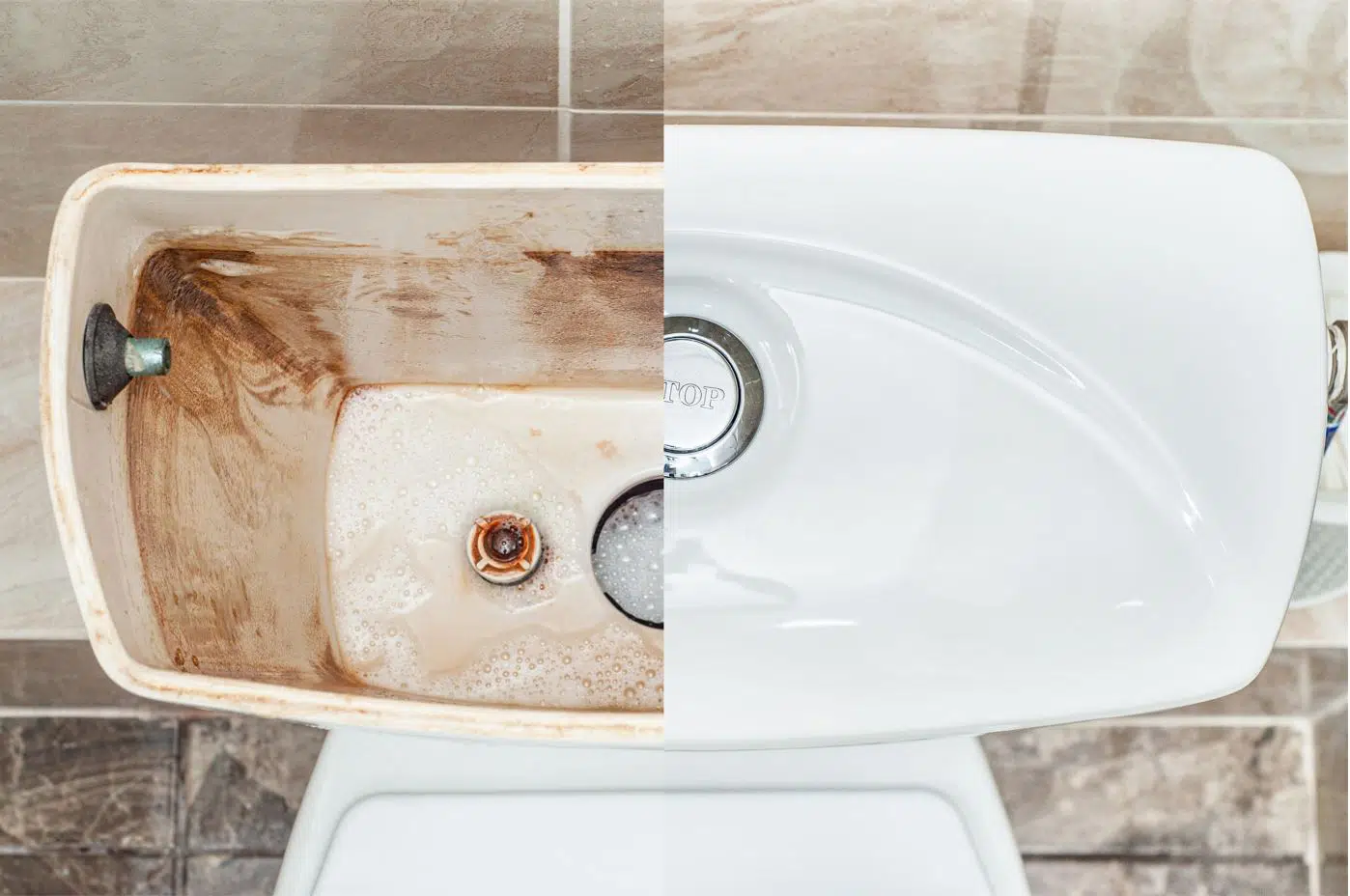 contrast of a toilet tank being rinsed with detergent and water