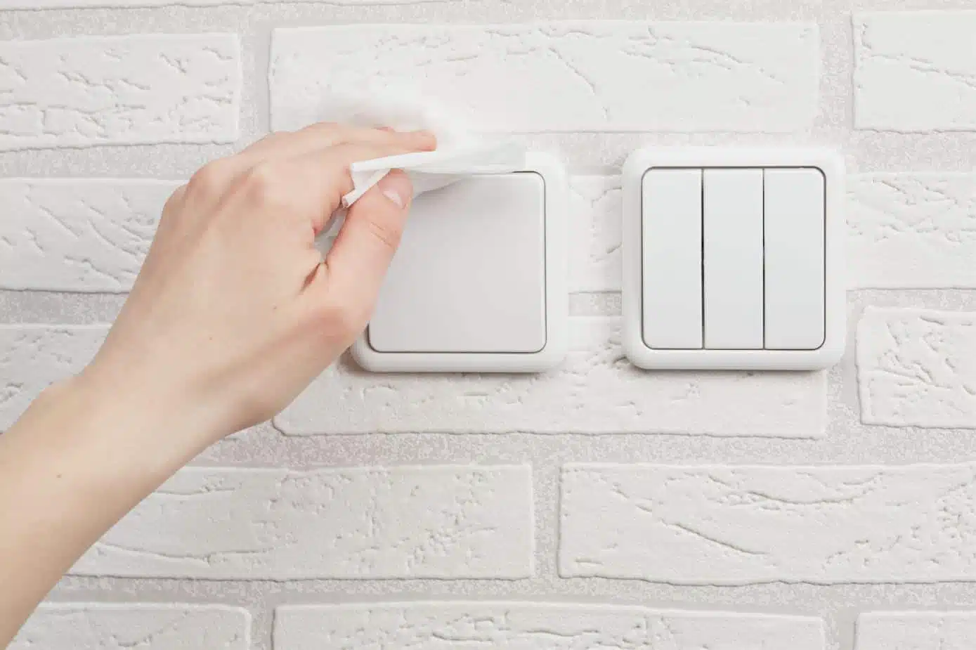 person wiping down light switches with white disinfectant cloth