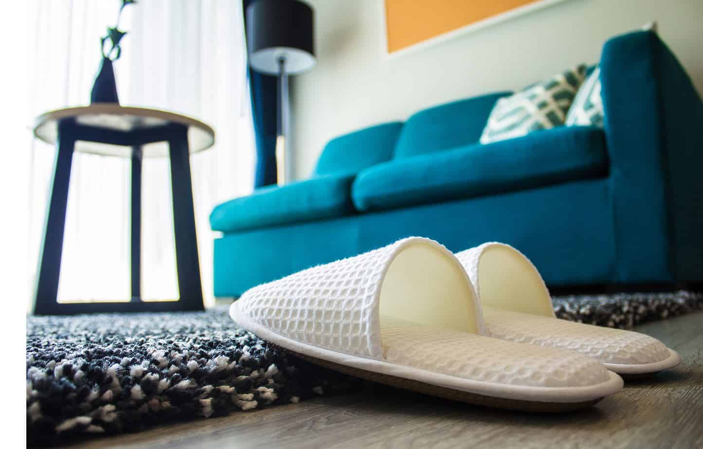 Two house slippers on a plush blue and white carpet next to a large blue upholstered couch