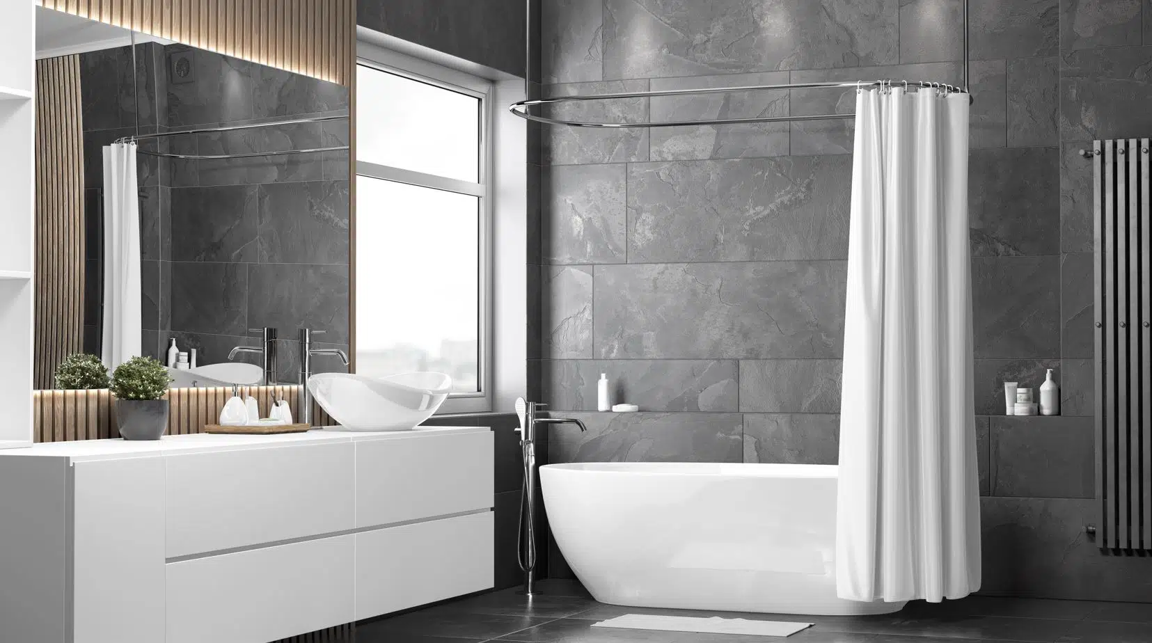 modern black inspired bathroom with a large white shower curtain hanging on the side of a large marble bathtub