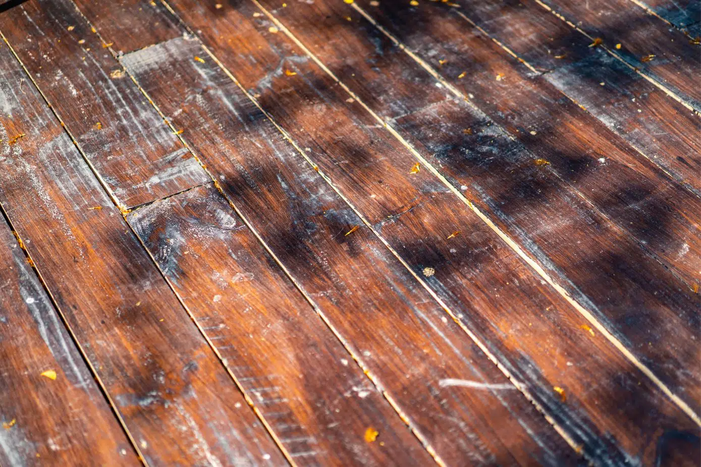 old worn timber floorboards with white marks that have been damaged by the elements