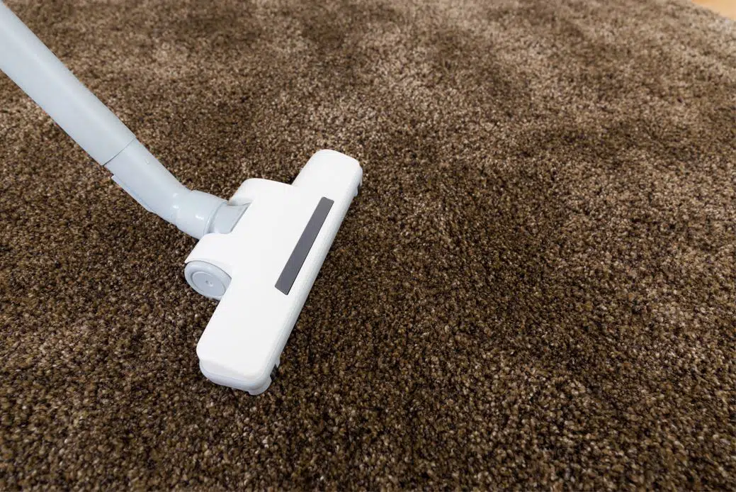 close up of white vacuum cleaning large brown shag rug