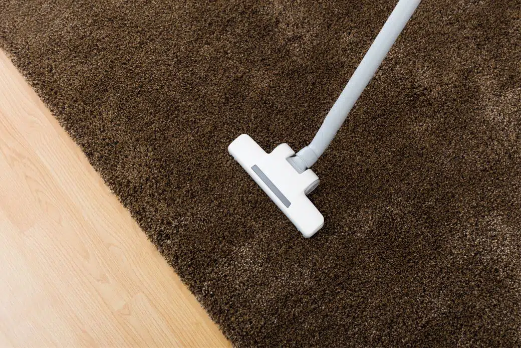 white vacuum cleaner vacuuming a large brown shag rug