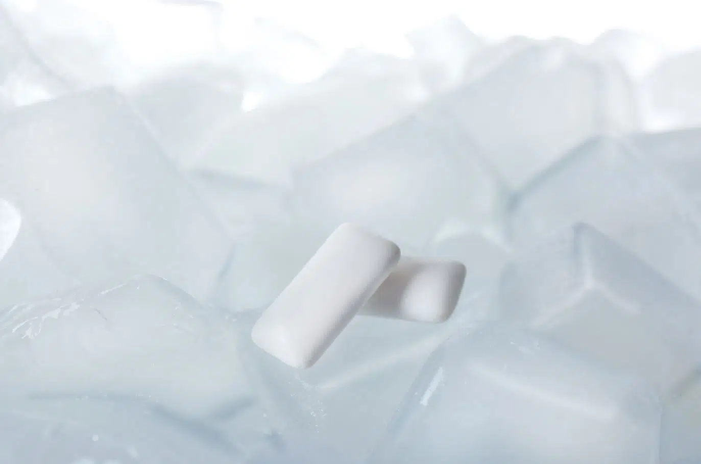 two chewing gum tablets on ice cubes