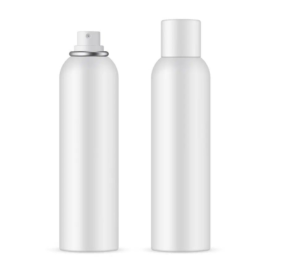 two gray bottles of hairspray in front of a white background