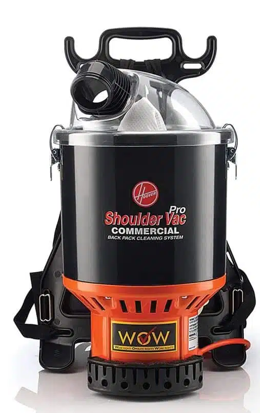 Hoover commercial lightweight backpack bagged vacuum cleaner on a white background