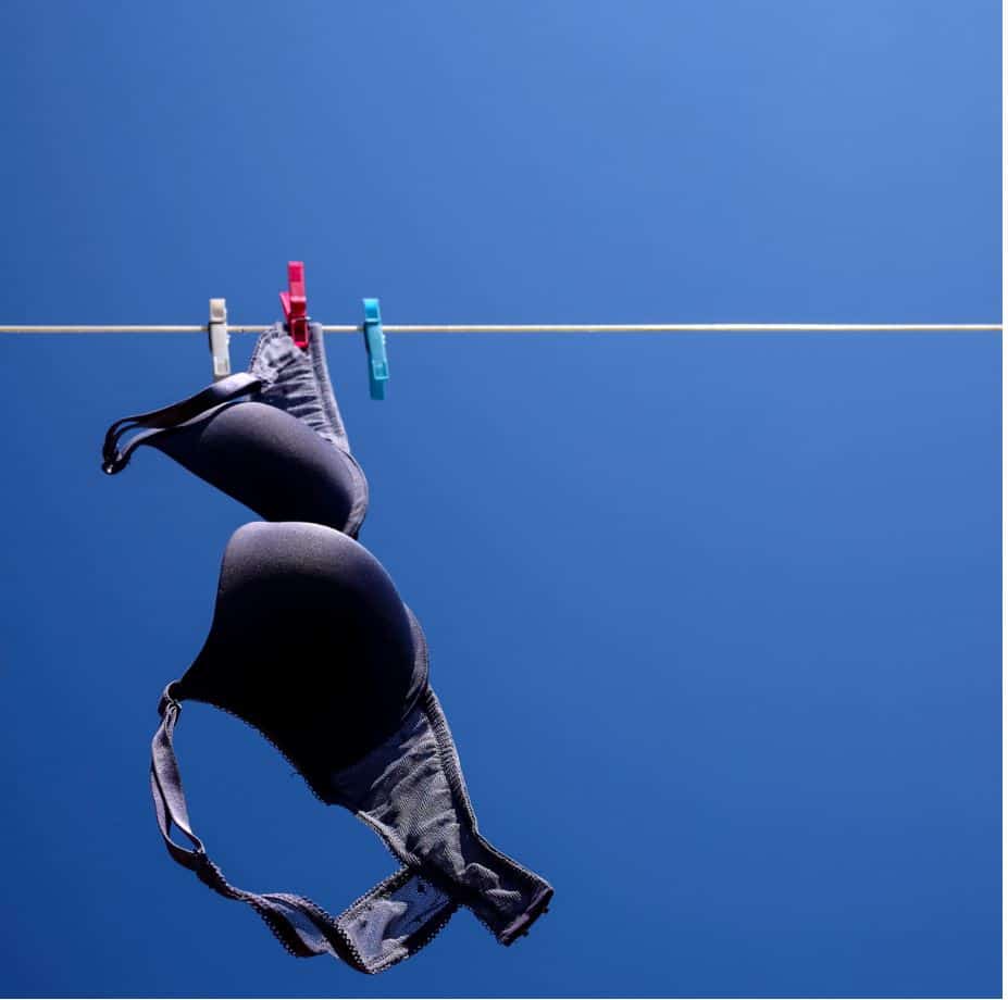 black bra hanging on a clothesline with pink pegs