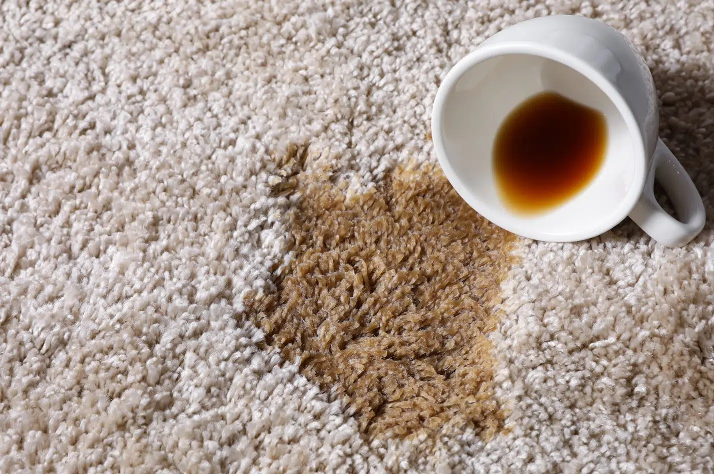 white coffee cup that has spilt coffee on a white shag rug