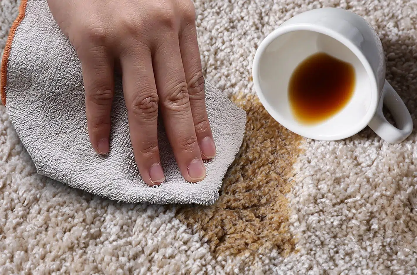 person soaking up fresh spilt coffee on a white shag carpet with a white microfibre cloth