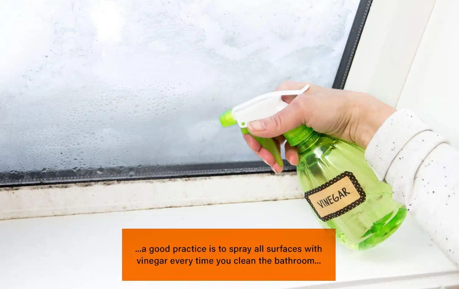 woman holding green vinegar bottle spraying onto mould in the silicone of a shower
