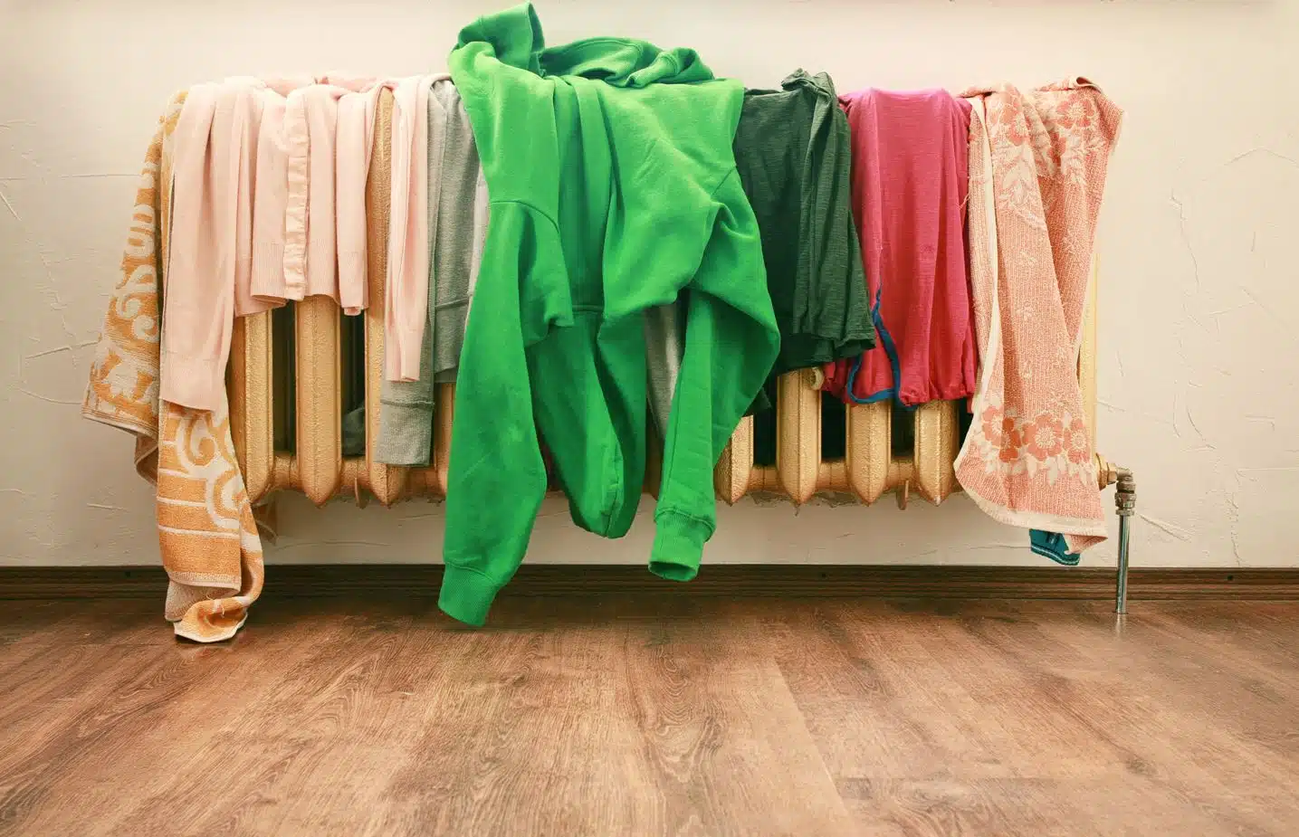 assorted clothes being dried on a gold wall mounted oil heater