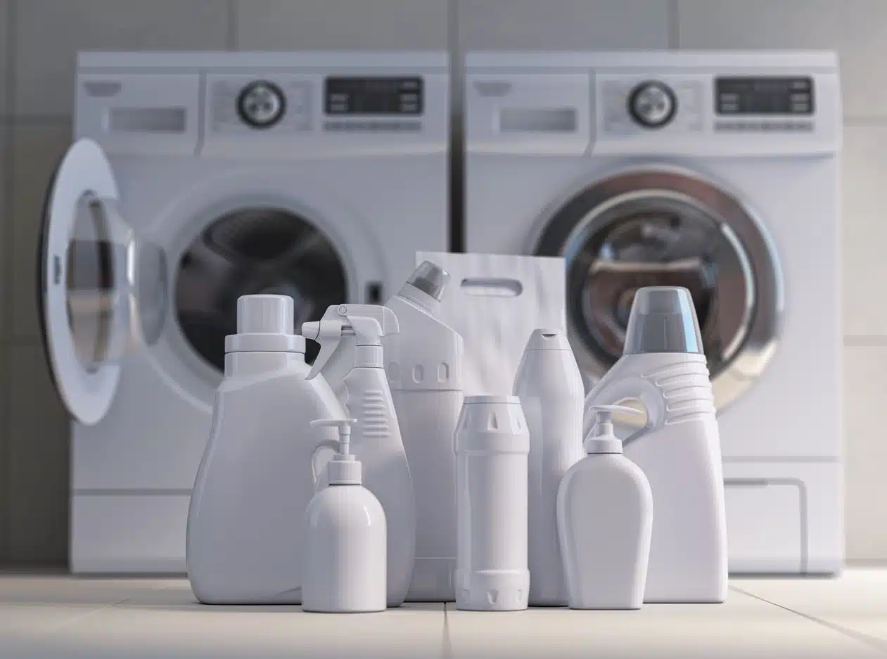 bottles of white fabric softener and laundry detergent with two white front load washing machines in the background