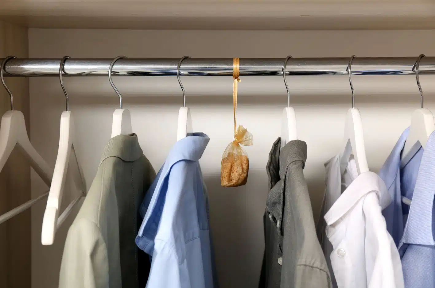 clothes hanging using coat hangers in a closet