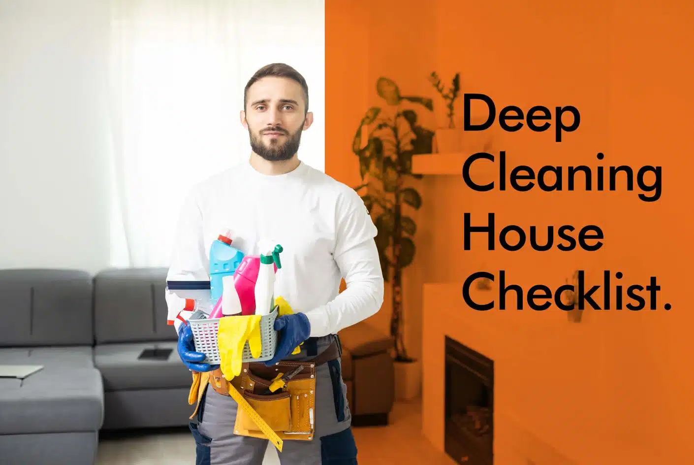 male cleaner carrying cleaning caddy with a living room in the background