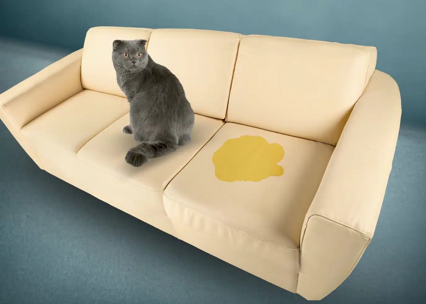 cat sitting next to pee on a yellow leather couch