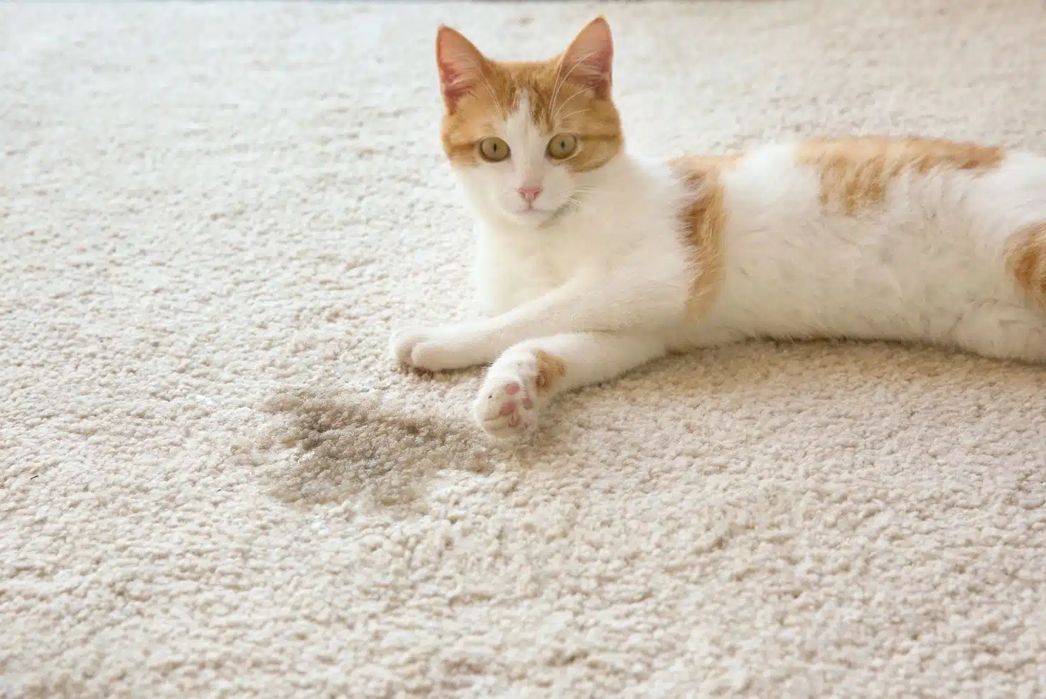 white and brown cat next to pee on beige carpet