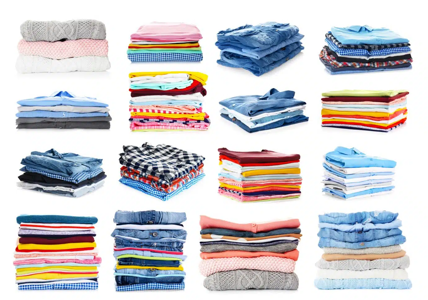 assorted stacks of folded t-shirts on a white background