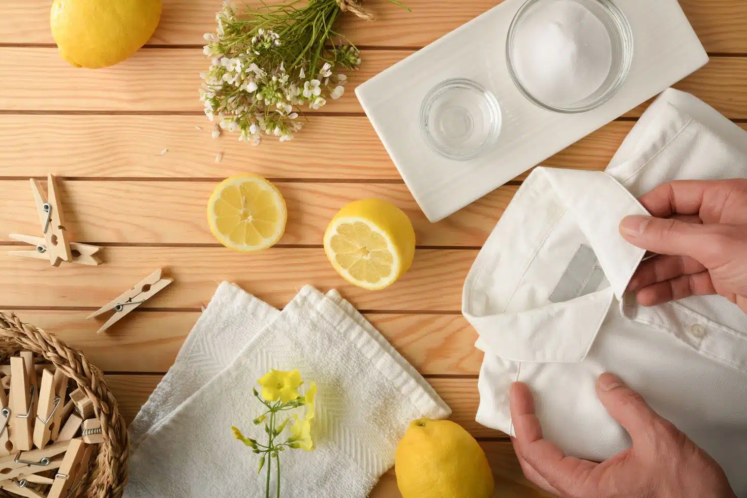 man holding white pressed shirt on wooden table next to a lemon cut in half and pegs
