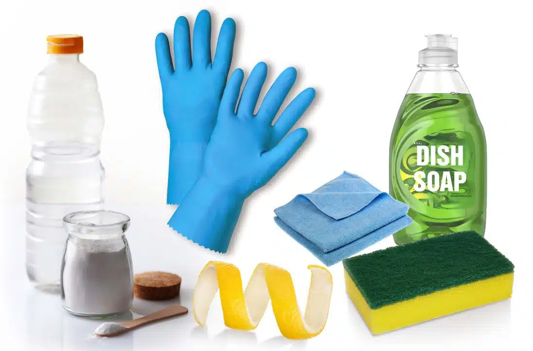 an assortment of items needed to clean a sink on a white background