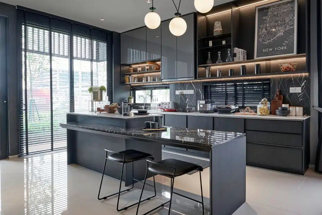all black inspired modern kitchen with granite countertops
