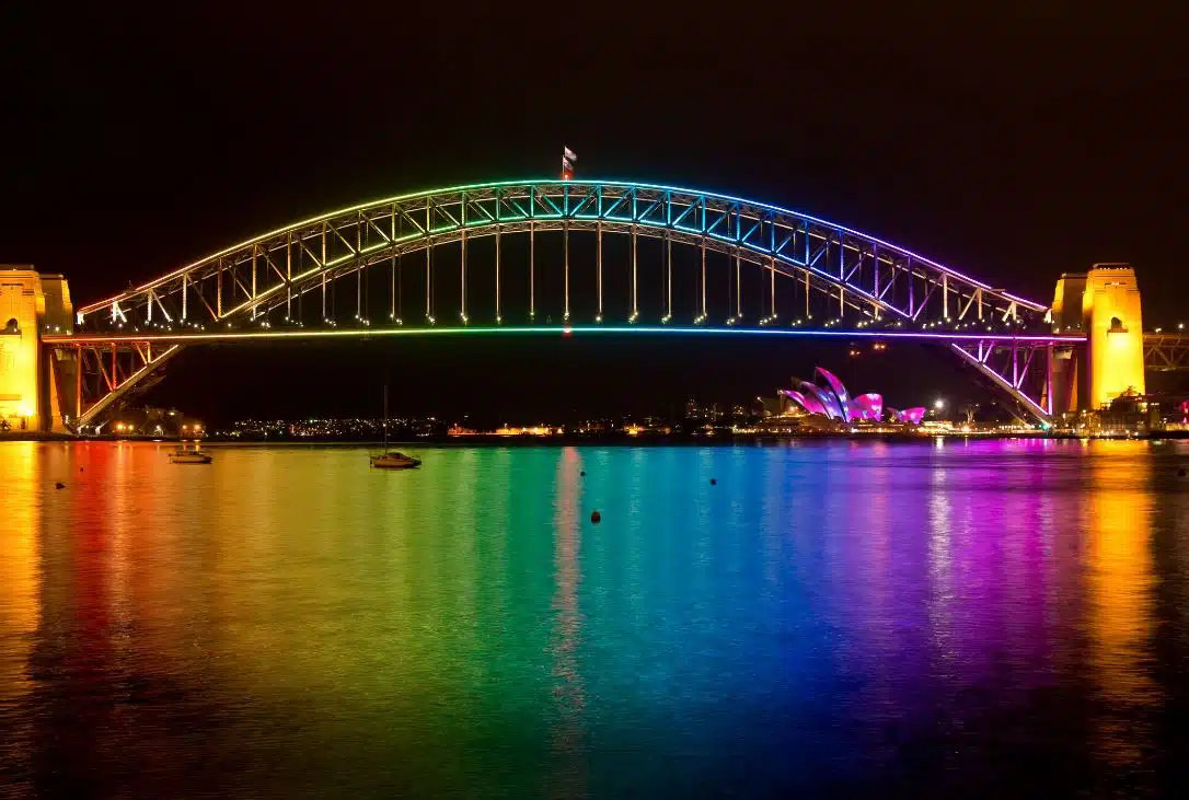 Sydney's Harbour Bridge with lights during the Vivid light festival