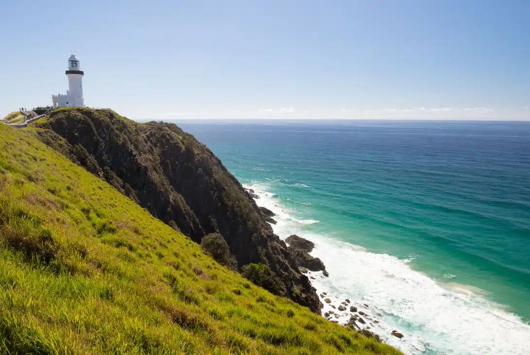 view of Byron Bay looking into the ocean from Cape Byron Lighthouse