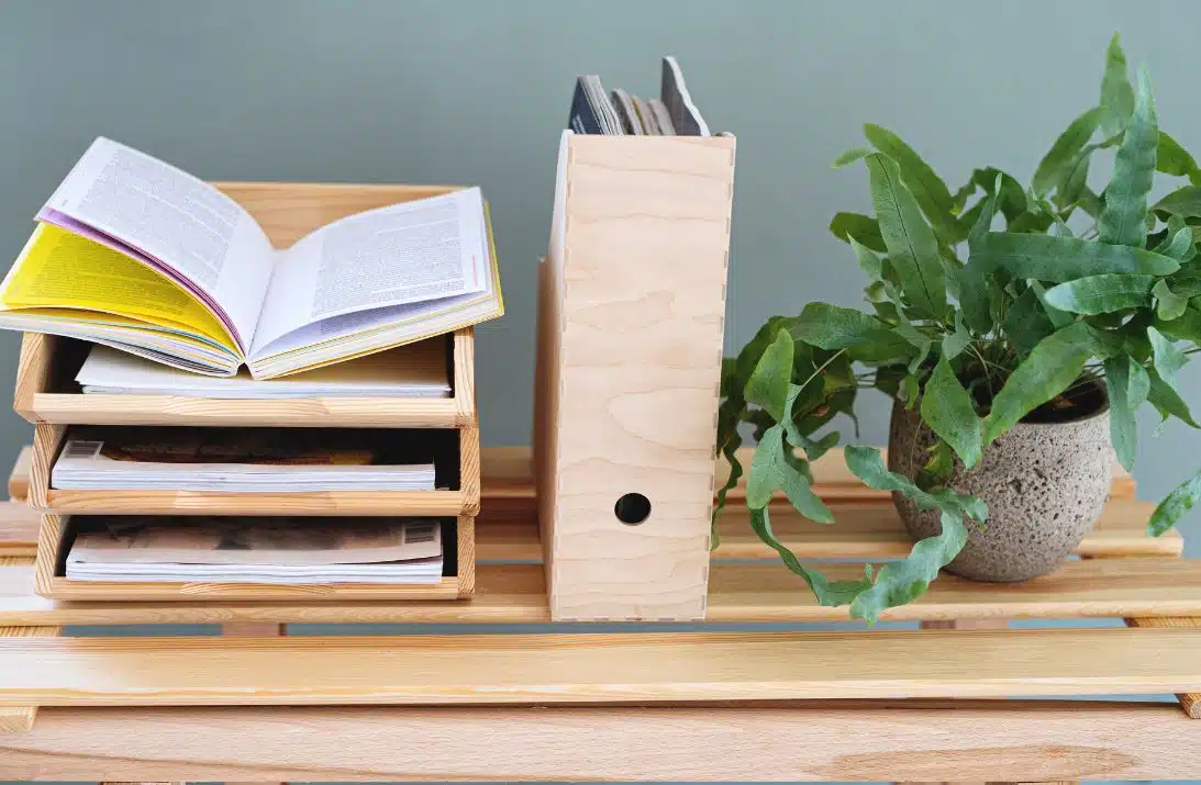 well organised wooden desk with succulent plant in a brown vase