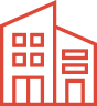 icon2 red icon of two large houses next to each other.