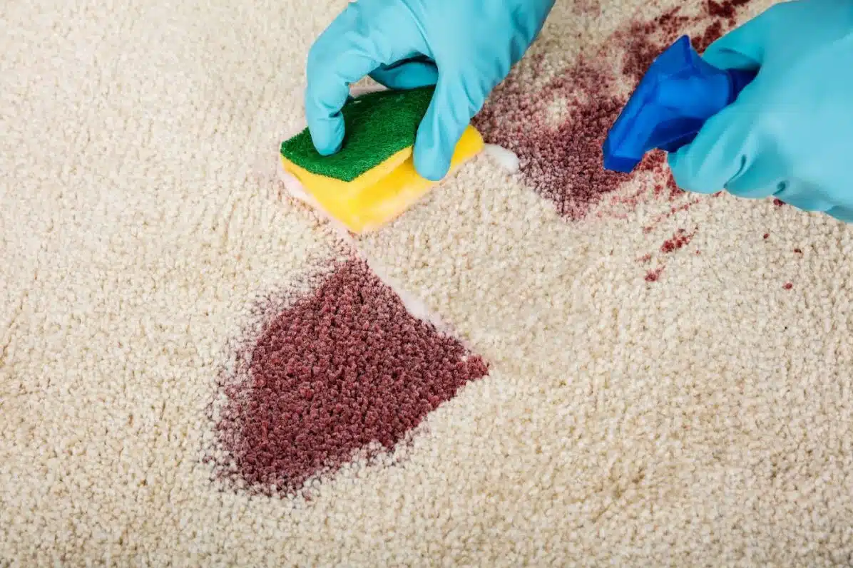 cleaner wearing blue gloves using a yellow sponge to remove red make up from a plush white carpe